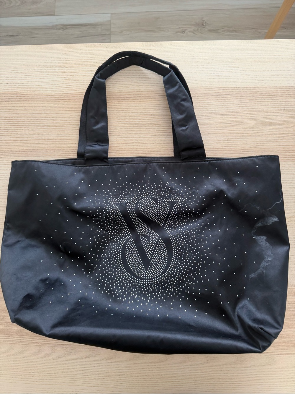 Victoria’s Secret Rhinestone Shine Tote Black Satin Weekender Y2K Glam Bag